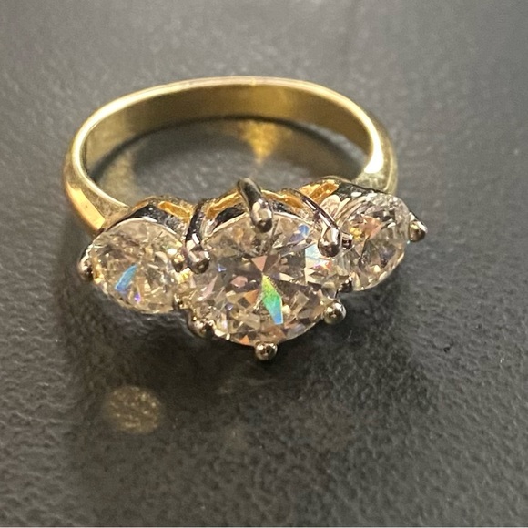 Two Tone 3 Stone Cubic Zirconia Crystal Ring - Picture 3 of 11